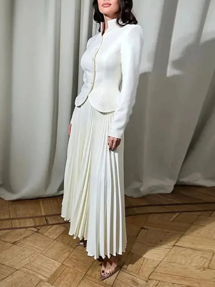 Stand Collar Top & Floor-Length Skirt Set