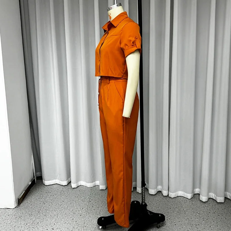 Belted Lapel Short-Sleeve Top & Wide-Leg Trousers Set