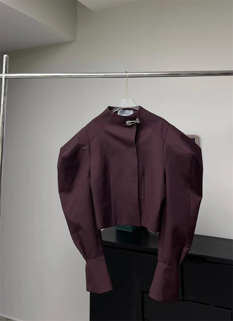 Puff Sleeve Jacket & Pleated Midi Skirt Set