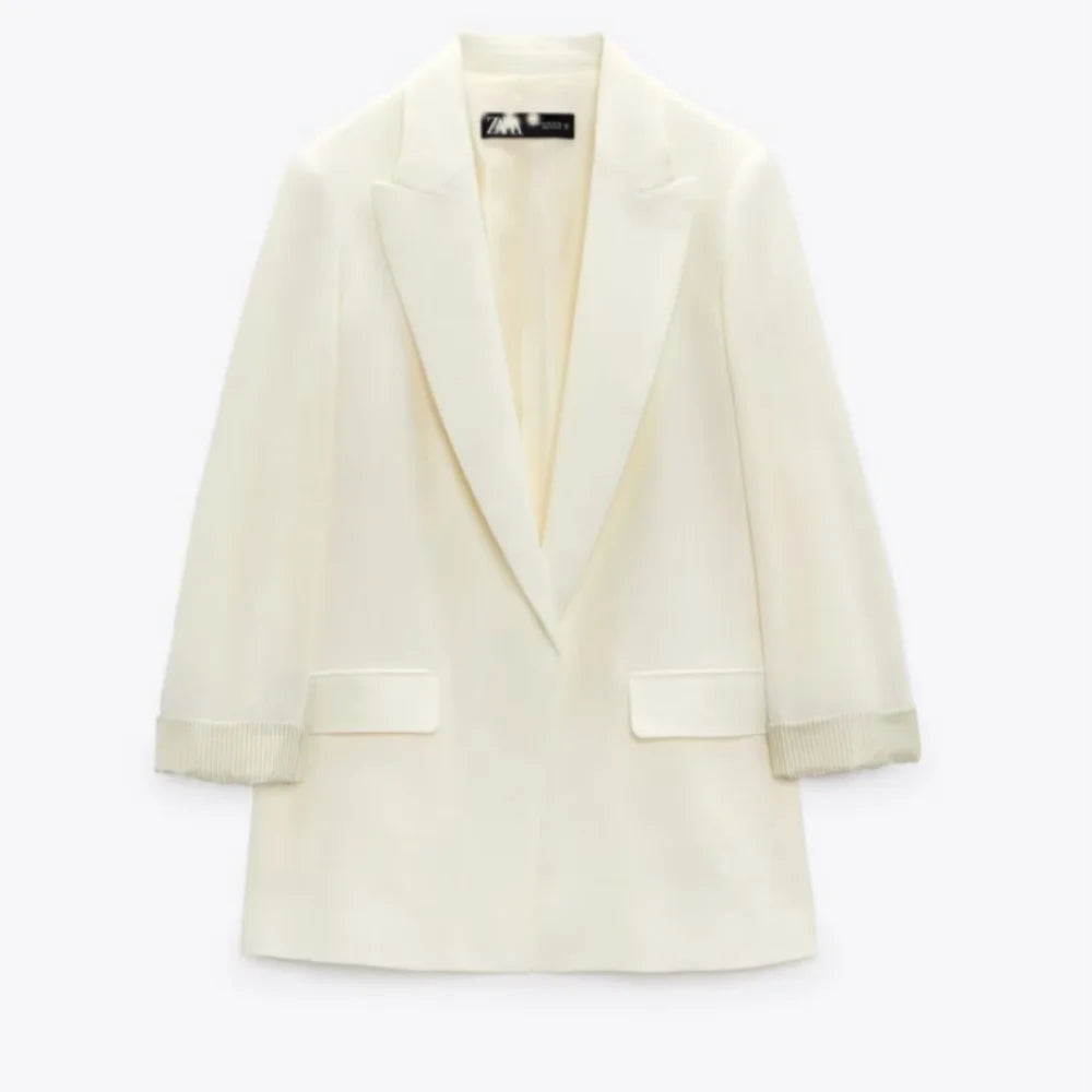 Printed Sleeve Open-Front Linen Blazer