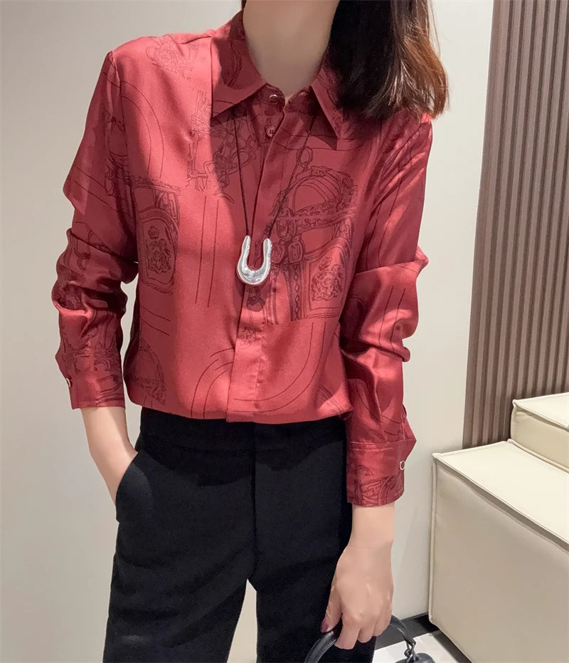 Vintage Print Long Sleeve Luxury Blouse