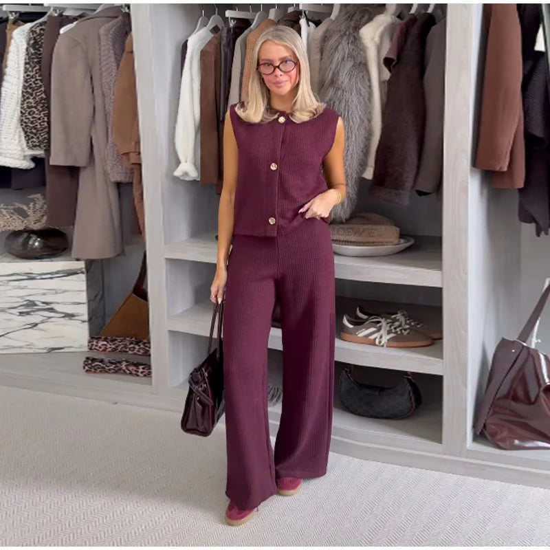 Knit Sleeveless Vest & Wide-Leg Trousers Set