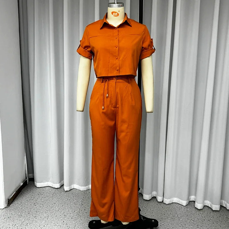 Belted Lapel Short-Sleeve Top & Wide-Leg Trousers Set