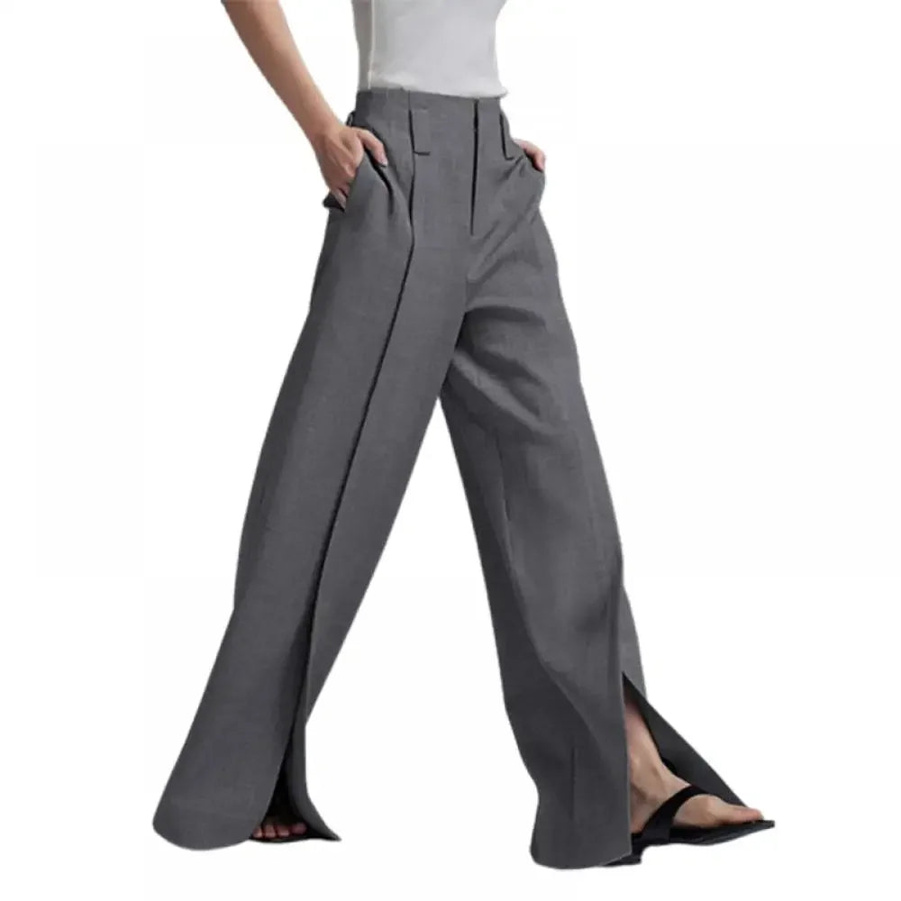 High-Waist Pleated Split-Front Wide-Leg Trousers