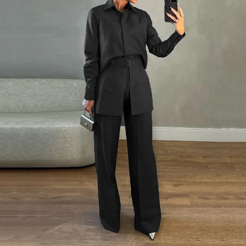 Buckle Lapel Top & Straight Trousers Set