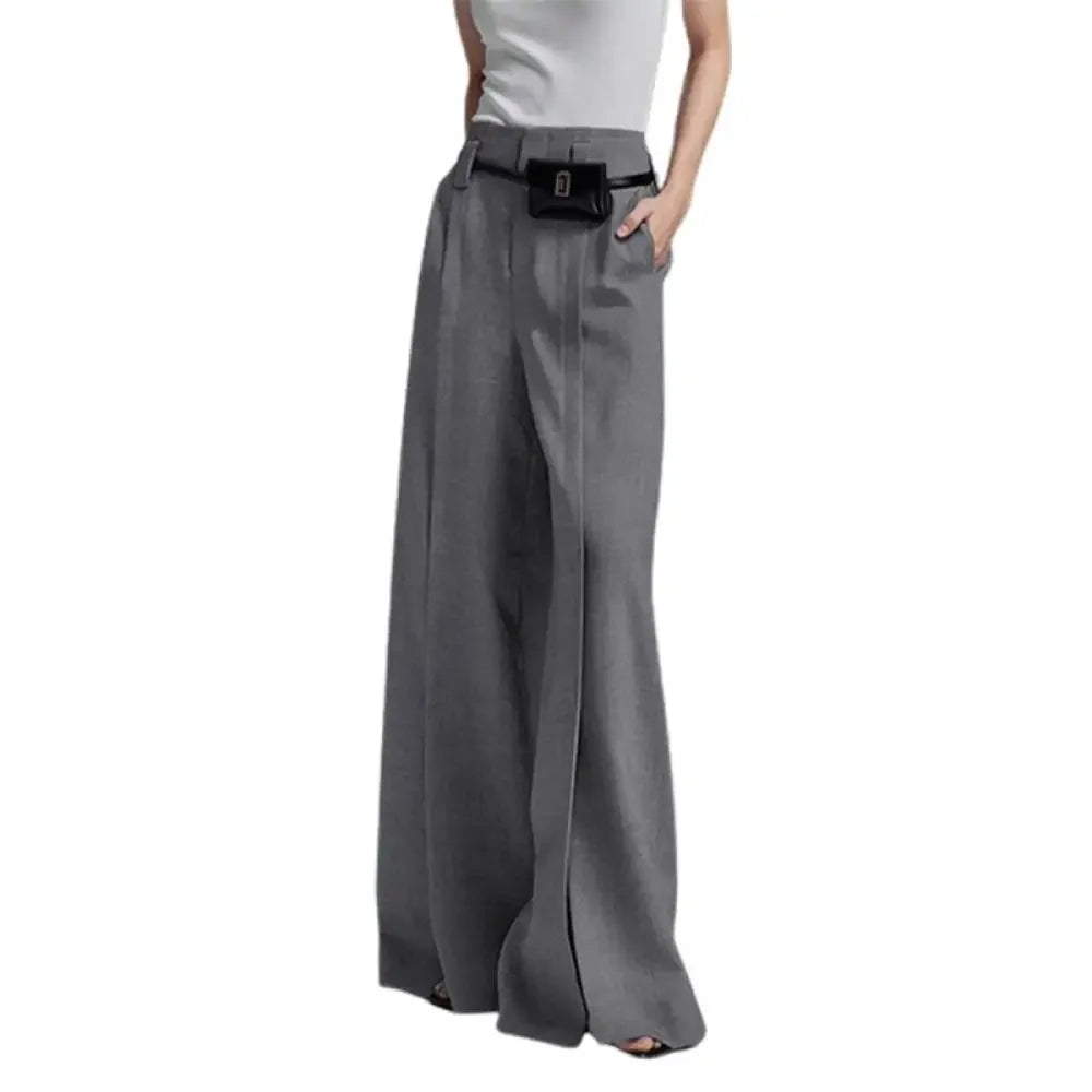 High-Waist Pleated Split-Front Wide-Leg Trousers