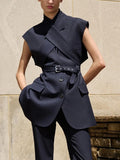 Belted Lapel Sleeveless Waistcoat