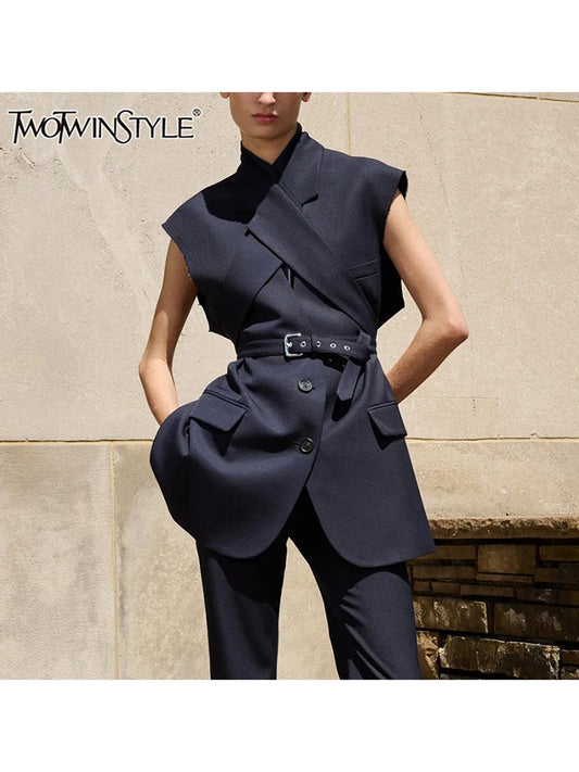 Belted Lapel Sleeveless Waistcoat