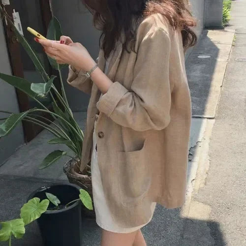 Notch Lapel Cotton Linen Casual Blazer