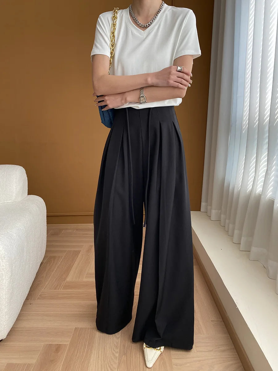 Drawstring High-Waist Wide-Leg Trousers