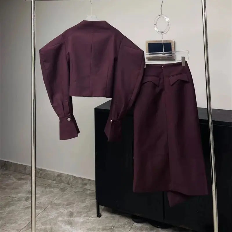 Puff Sleeve Jacket & Pleated Midi Skirt Set