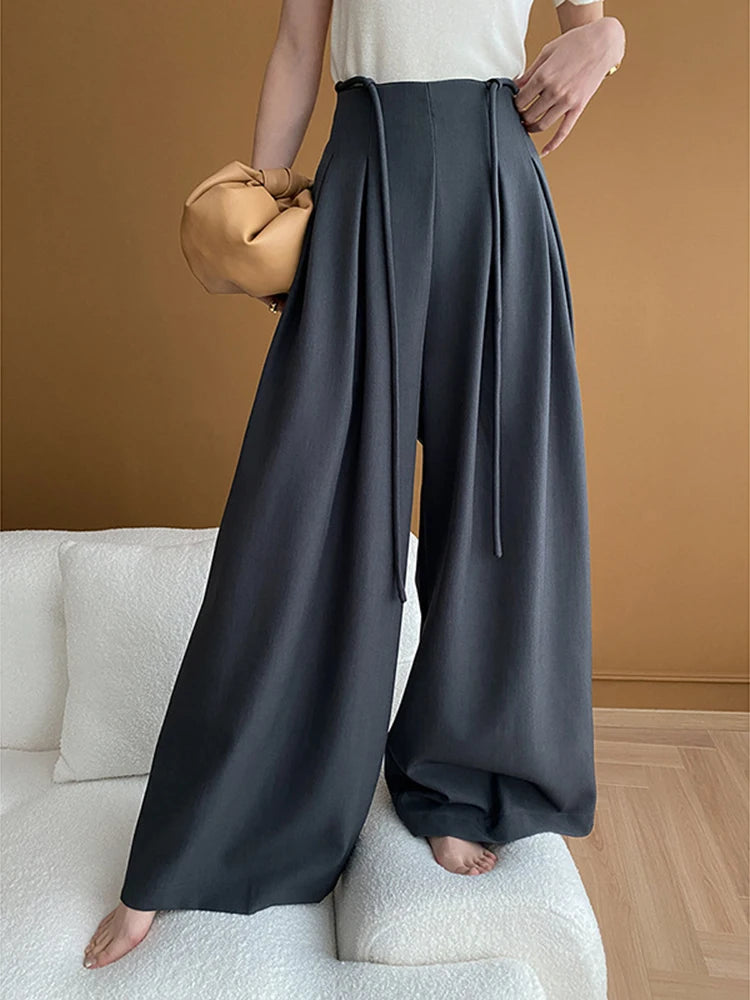 Drawstring High-Waist Wide-Leg Trousers