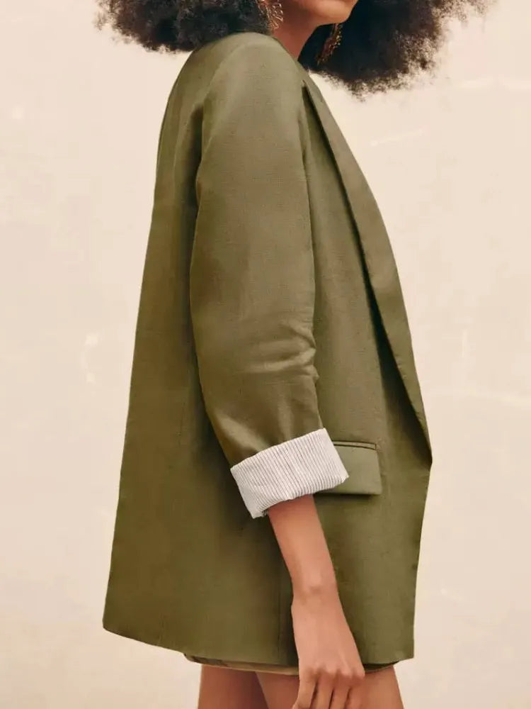 Printed Sleeve Open-Front Linen Blazer
