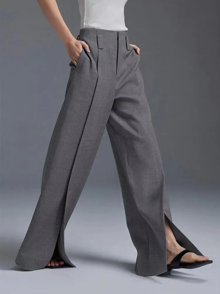 High-Waist Pleated Split-Front Wide-Leg Trousers