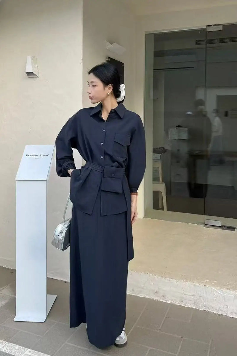 Belted Lapel Top & Straight Midi Skirt Set