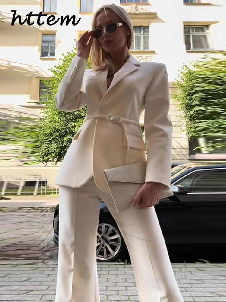 Belted Blazer & Wide-Leg Flare Trousers Set