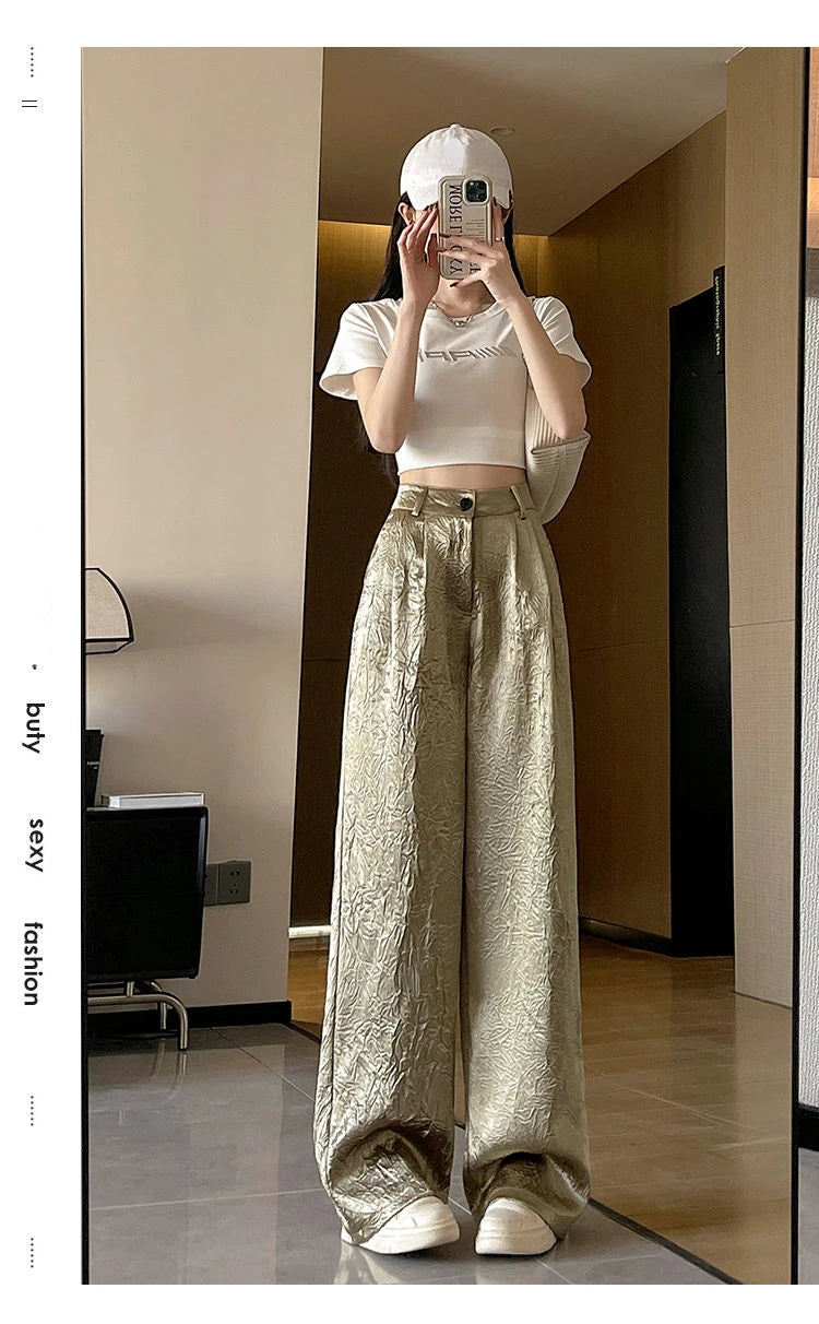 Silver Textured High-Waist Wide-Leg Trousers