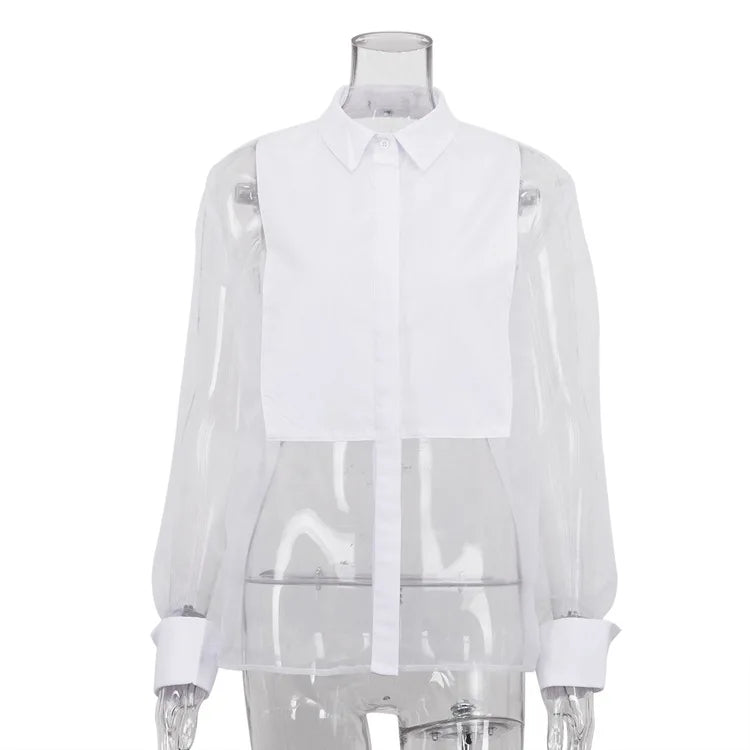 Organza Mesh Patchwork Long-Sleeve Shirt