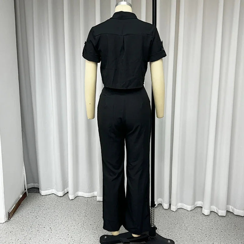 Belted Lapel Short-Sleeve Top & Wide-Leg Trousers Set