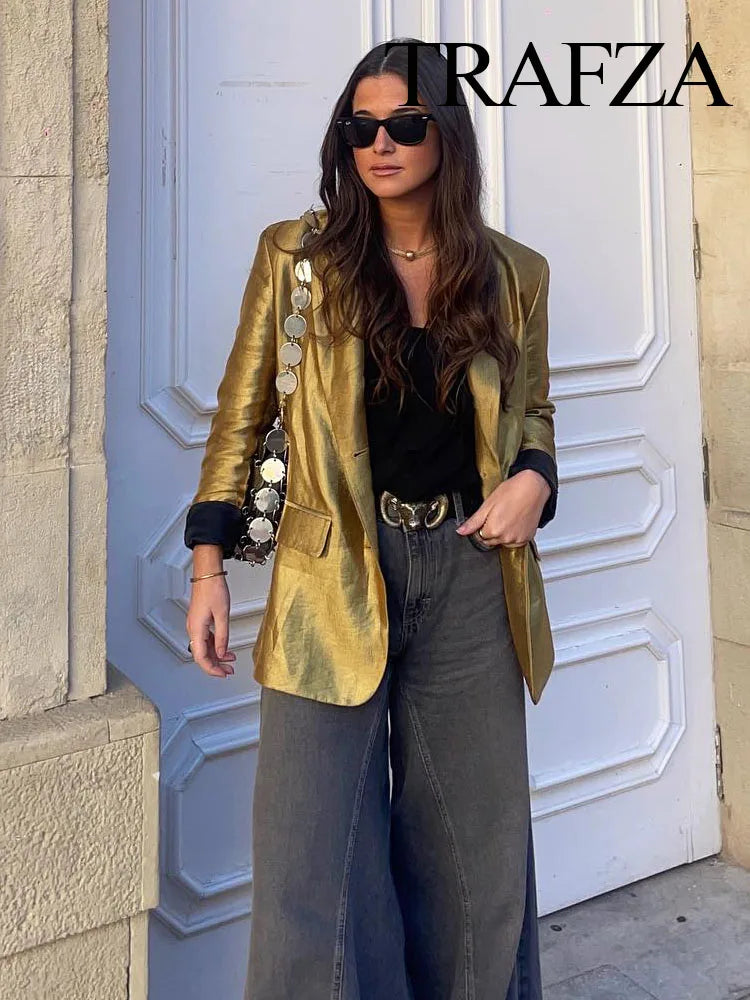 Gold V-Neck Button-Up Blazer