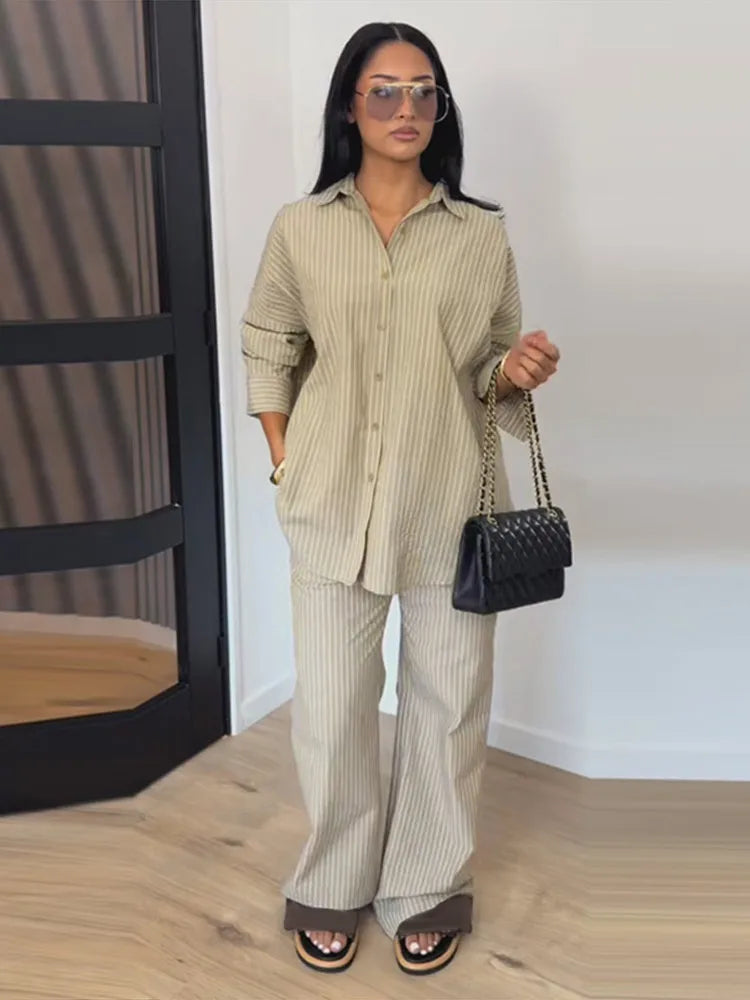Striped Lapel Shirt & Straight-Leg Trousers Set