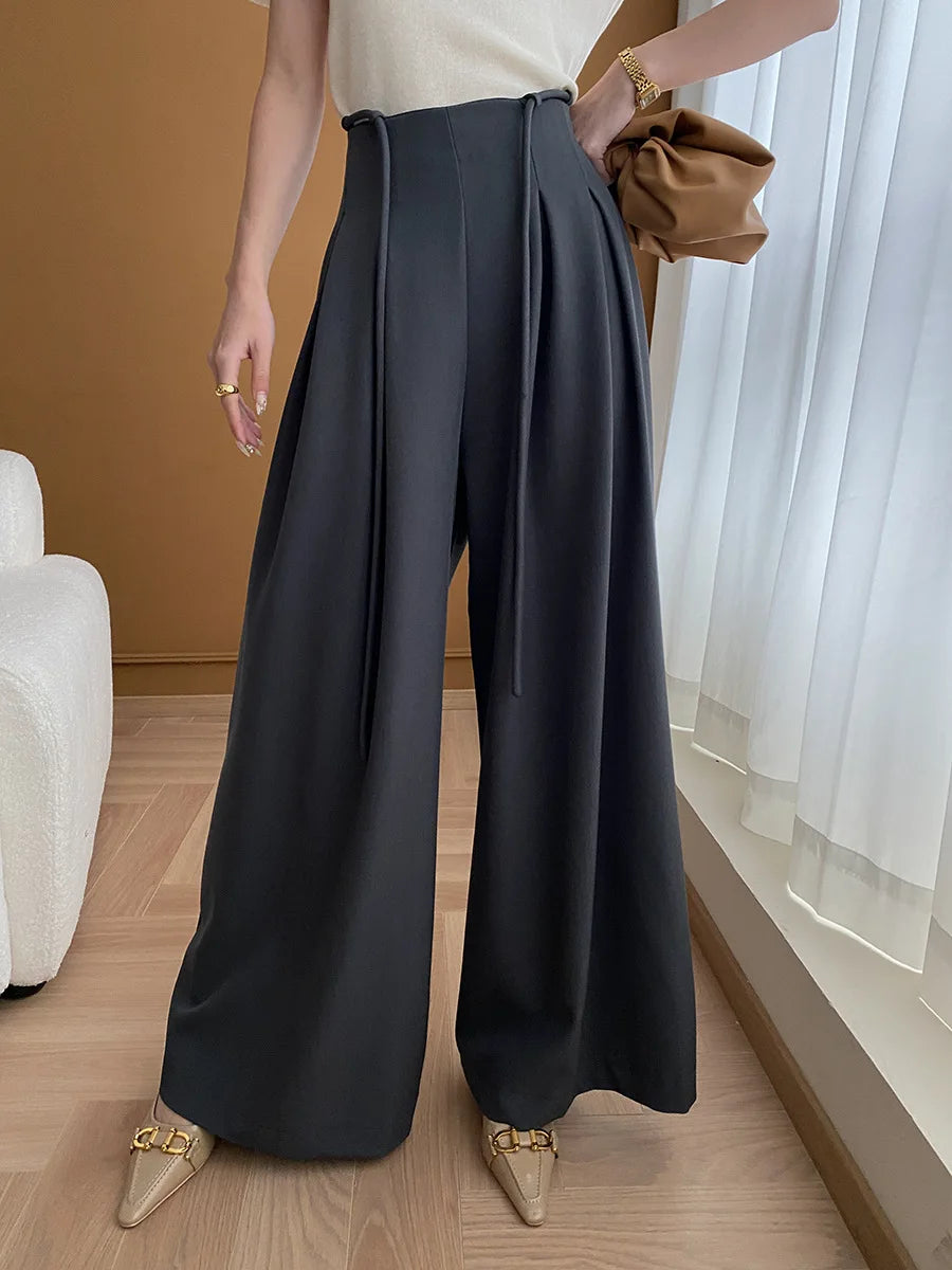 Drawstring High-Waist Wide-Leg Trousers