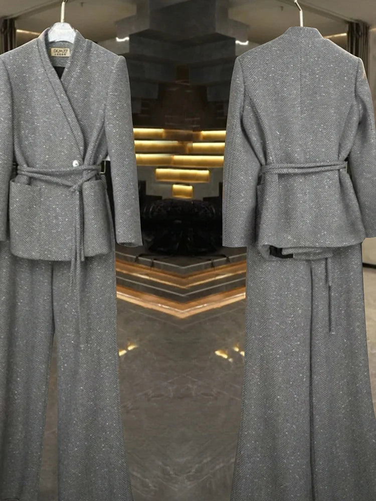V-Neck Gathered Blazer & Wide-Leg Trousers Set