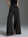 High-Waist Pleated Split-Front Wide-Leg Trousers