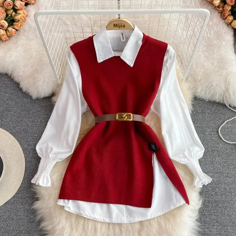 Shirt & Knit Vest Two-Piece Set