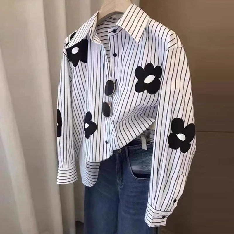 Floral Stripe Puff-Sleeve Blouse