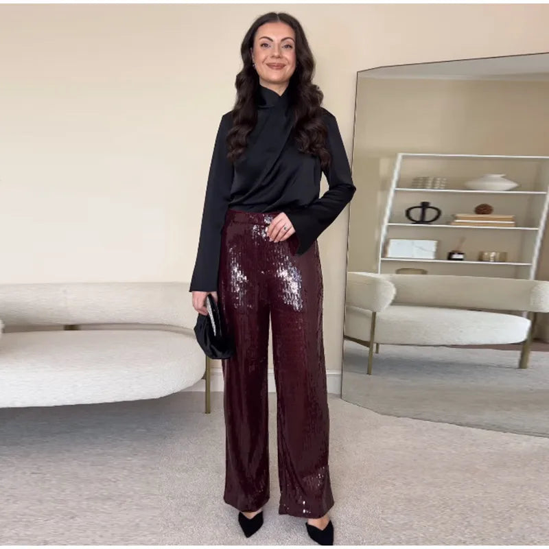Sequin High-Waist Wide-Leg Trousers