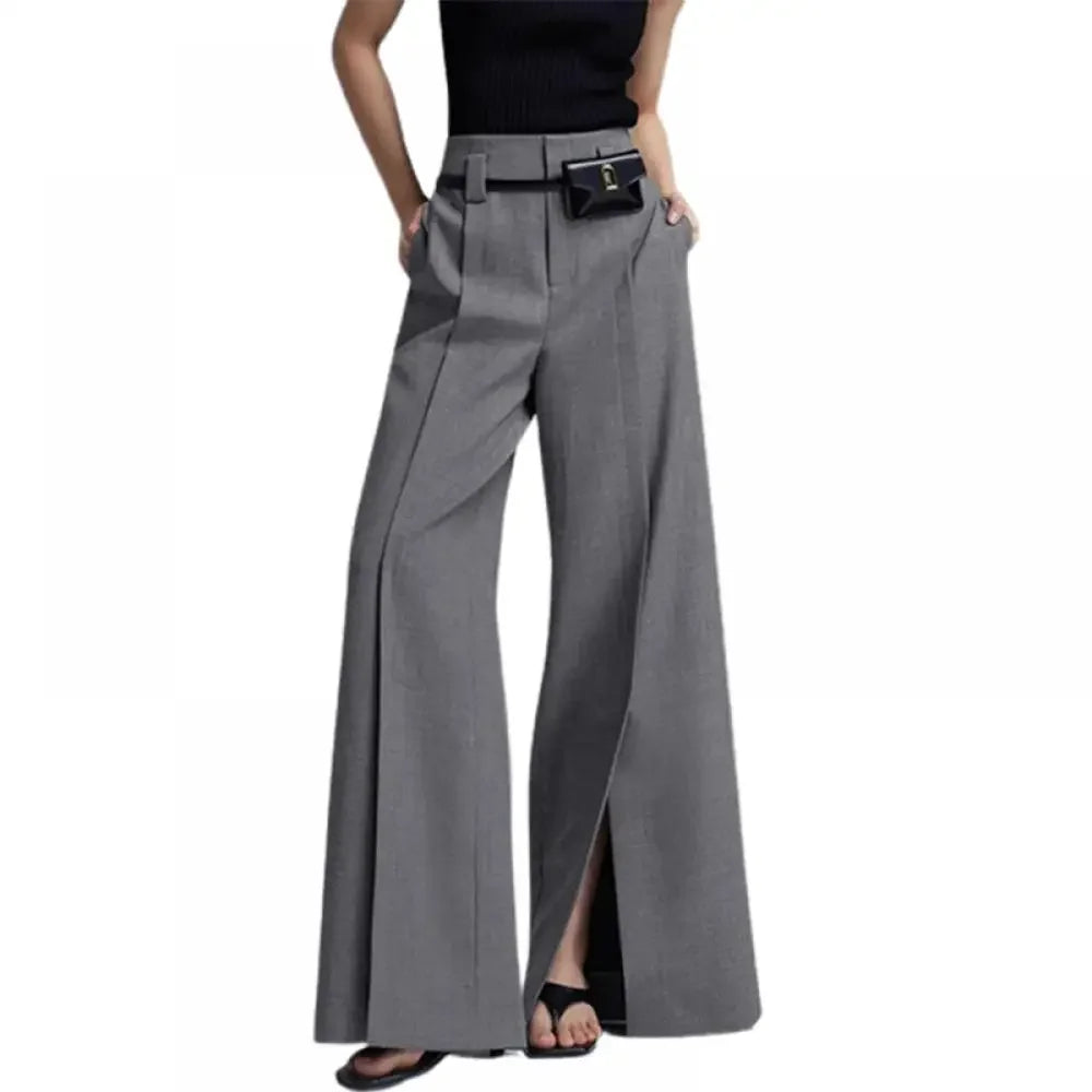 High-Waist Pleated Split-Front Wide-Leg Trousers