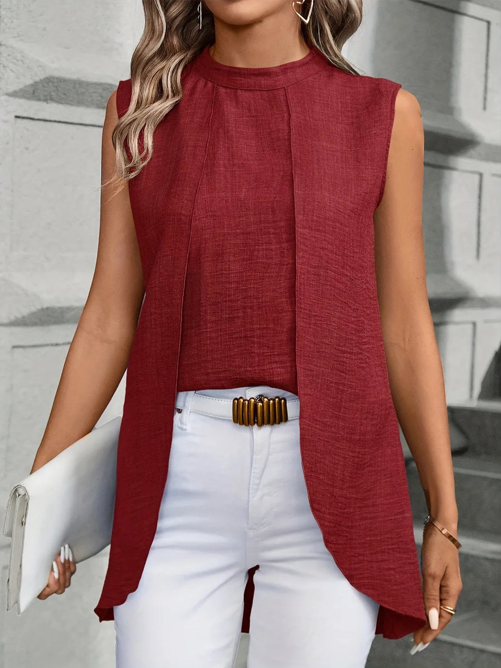 Layered-Look Sleeveless Solid Blouse