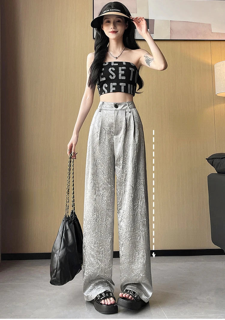 Silver Textured High-Waist Wide-Leg Trousers