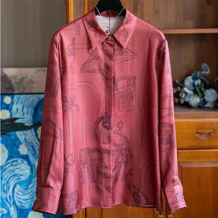 Vintage Print Long Sleeve Luxury Blouse