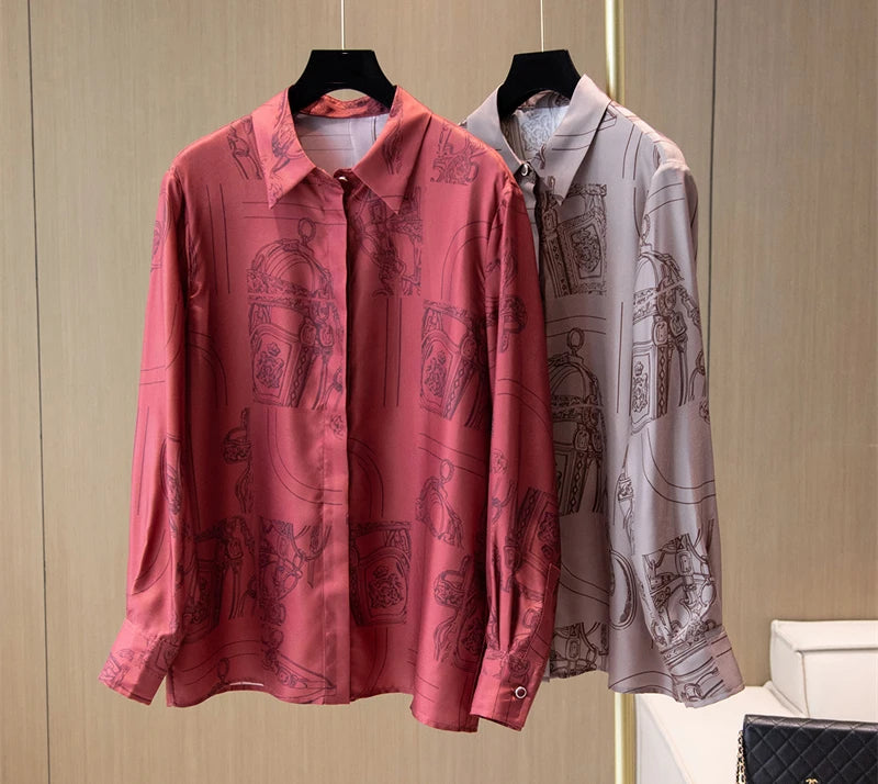 Vintage Print Long Sleeve Luxury Blouse