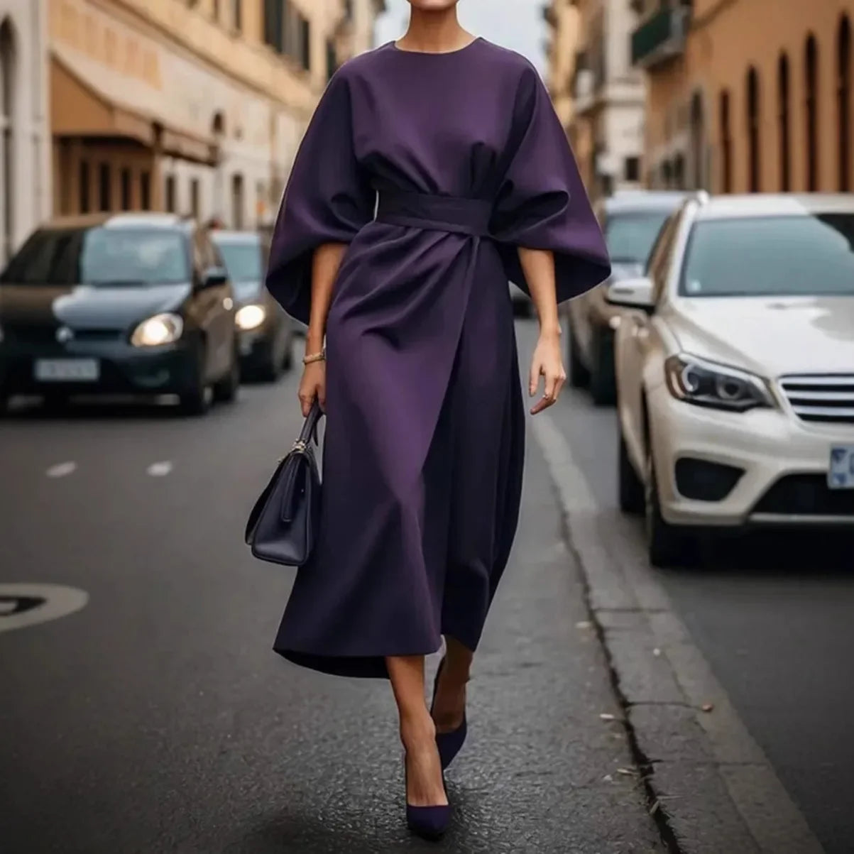 Batwing Sleeve Waist-Cinching Maxi Dress