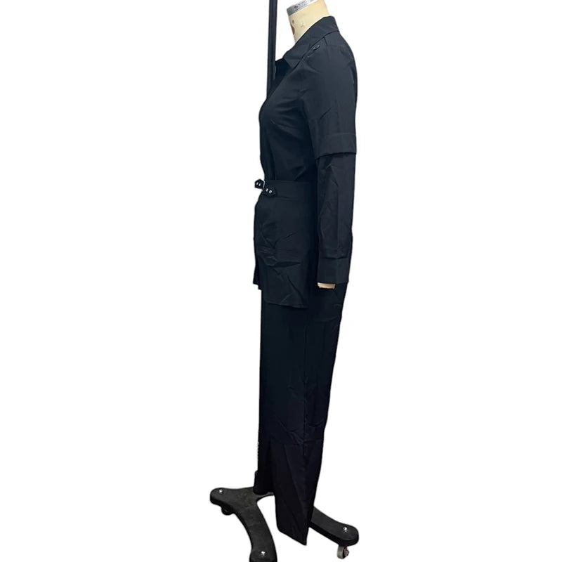 Buckle Lapel Top & Straight Trousers Set