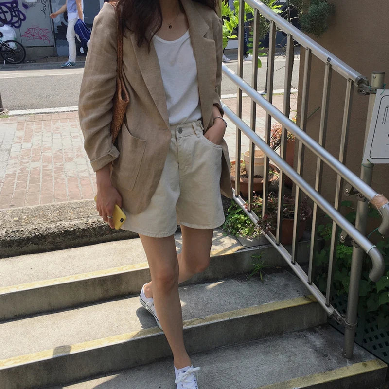 Notch Lapel Cotton Linen Casual Blazer
