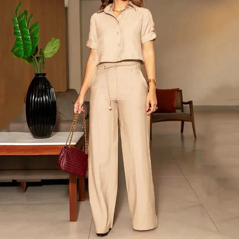 Belted Lapel Short-Sleeve Top & Wide-Leg Trousers Set