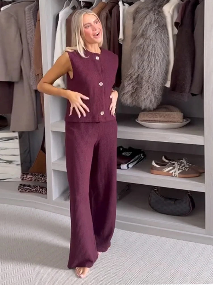 Knit Sleeveless Vest & Wide-Leg Trousers Set