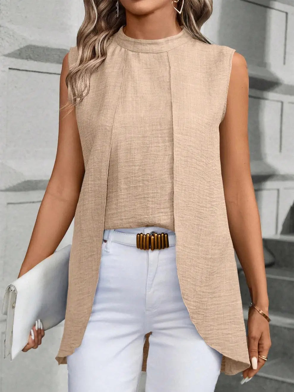 Layered-Look Sleeveless Solid Blouse