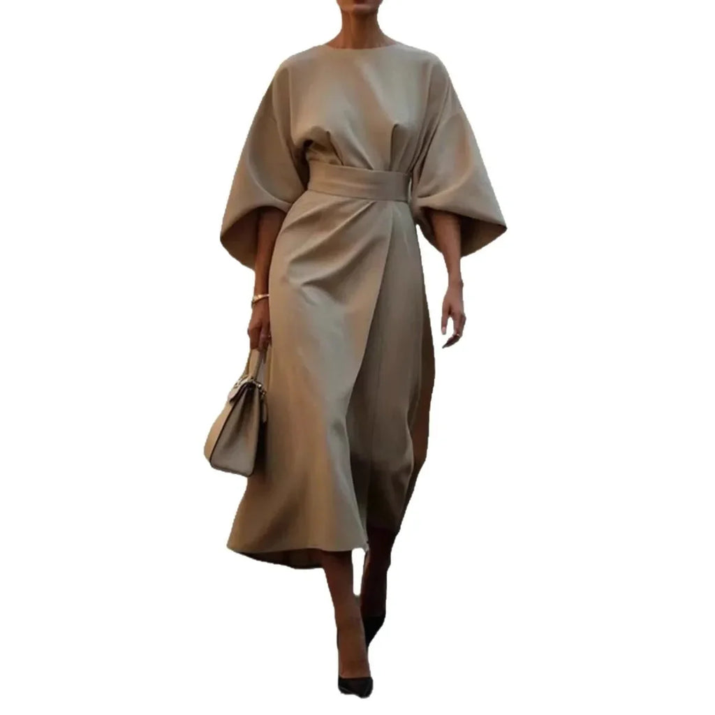 Batwing Sleeve Waist-Cinching Maxi Dress