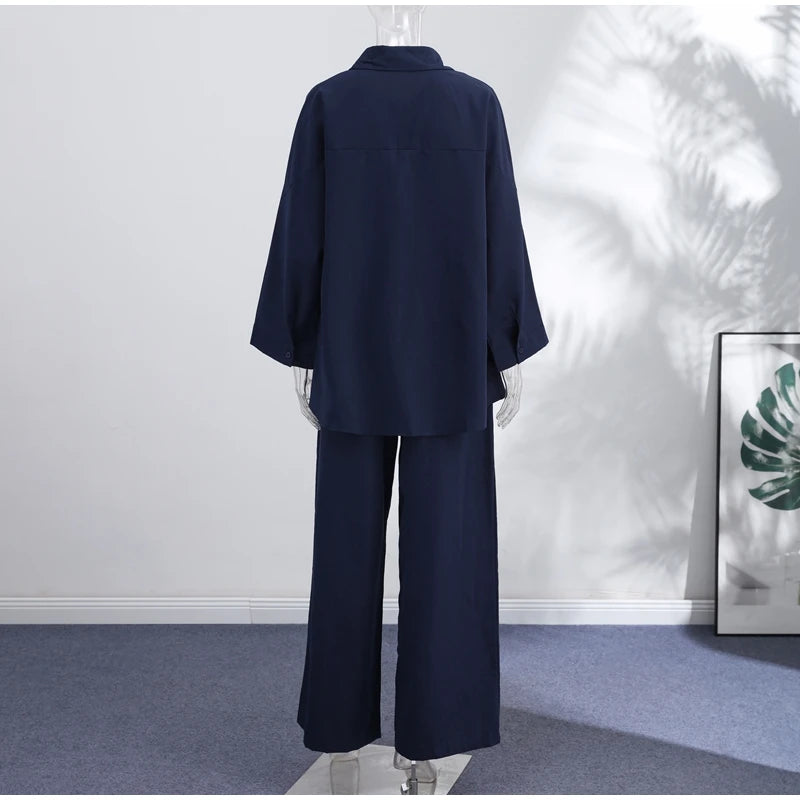 Striped Lapel Shirt & Straight-Leg Trousers Set