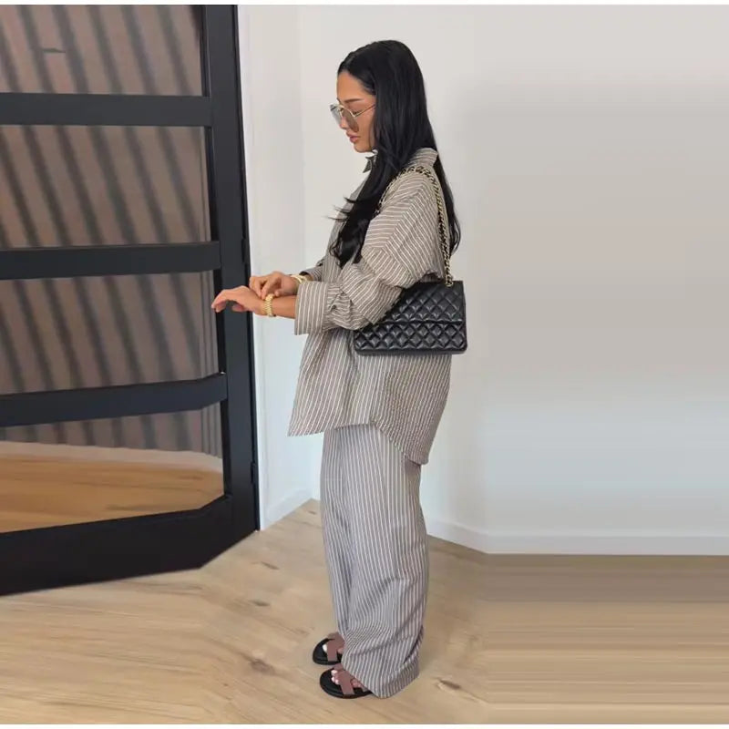 Striped Lapel Shirt & Straight-Leg Trousers Set