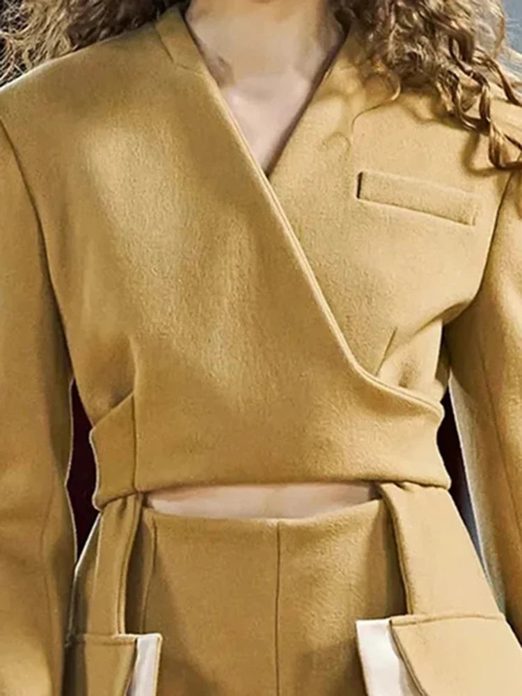 Colourblock Lace-Up V-Neck Blazer