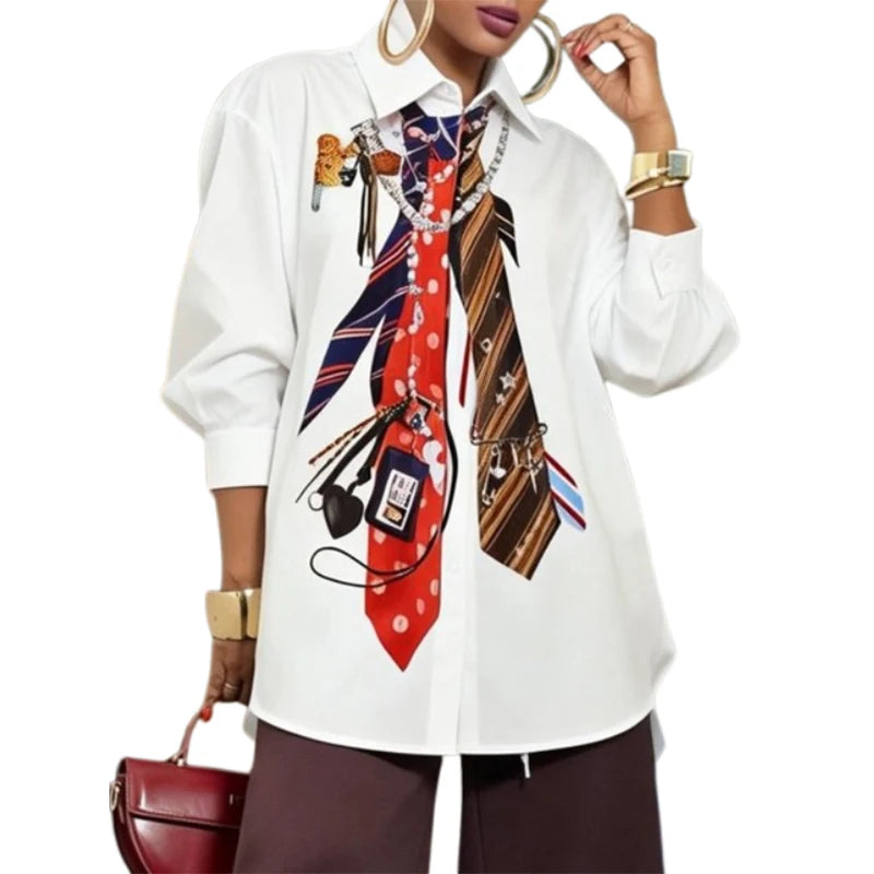 Tie-Print Puff Sleeve Asymmetric Blouse