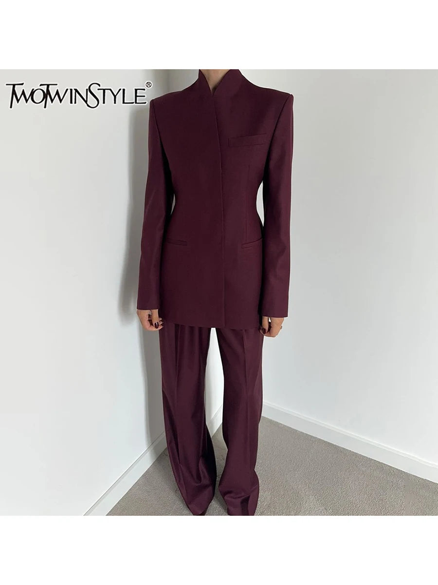 Stand Collar Top & Wide-Leg Trousers Set
