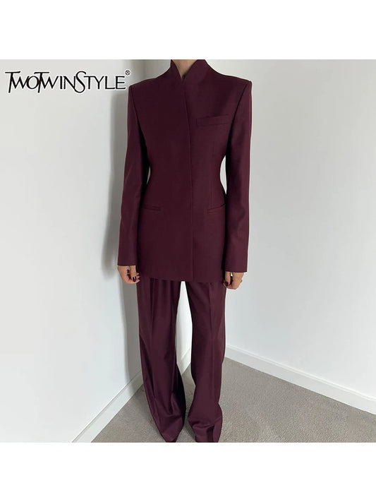 Stand Collar Top & Wide-Leg Trousers Set