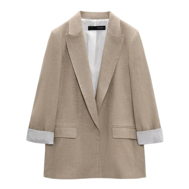 Printed Sleeve Open-Front Linen Blazer